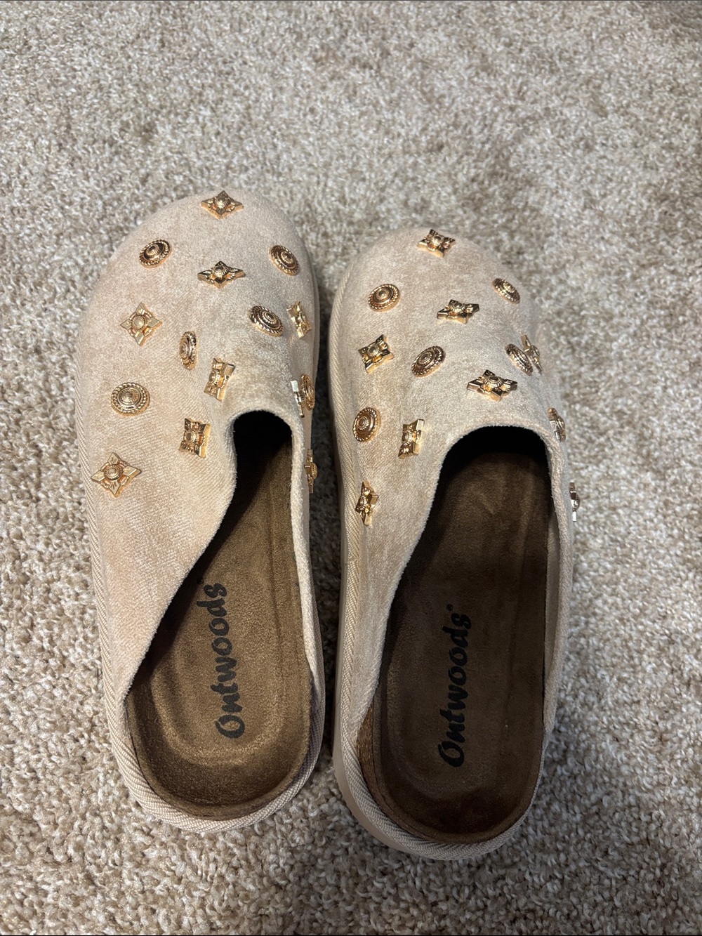Outwoods Beige Slip-On Clogs with Gold Stud Embellishments